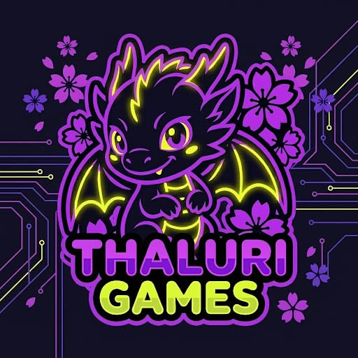 Thaluri Games logo featuring a stylized dragon mascot with neon purple and lime green branding